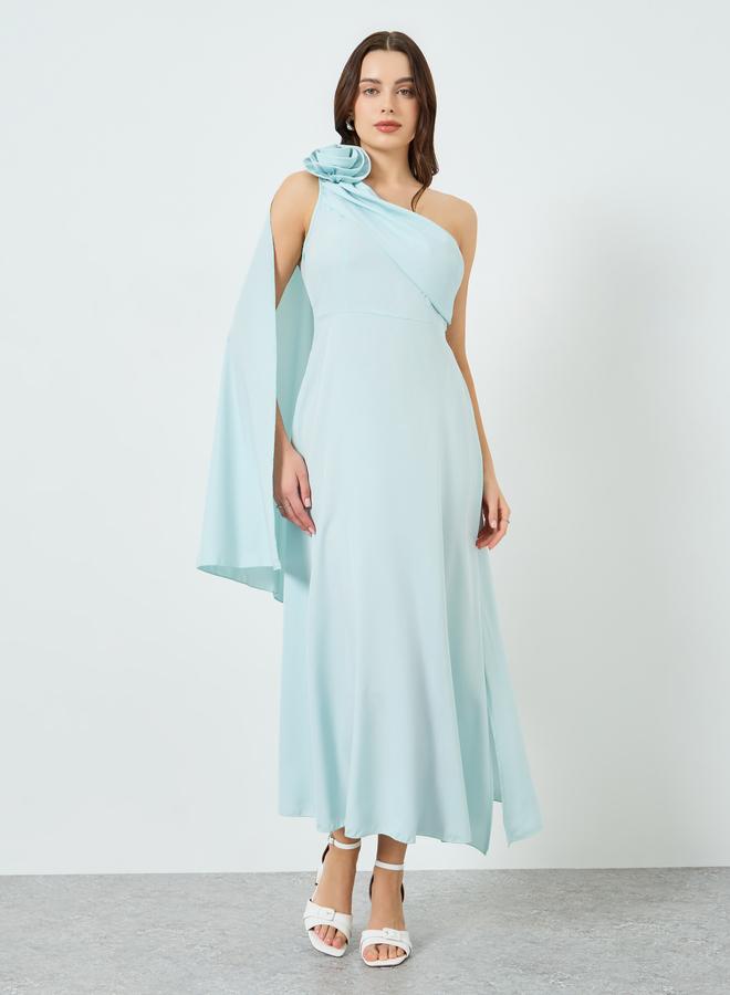 Take Two Women Turquoise One Shoulder Cape Sleeve Maxi Dress - Image 5
